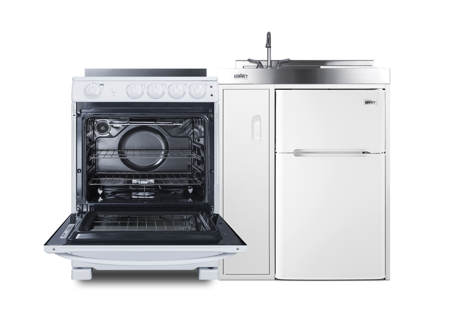 54 inch wide all-in-one kitchenette with 4-burner 220V smooth-top electric range, refrigerator-freezer, sink, cutting board and cutlery storage, and a storage cabinet